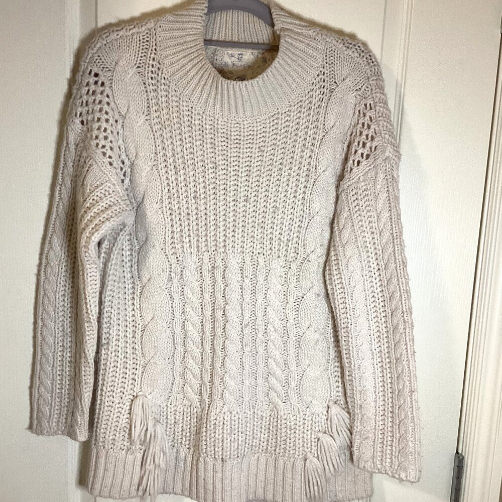 Falmer Heritage Women's Cream Chunky Cable-Knit Fisherman Sweater Size S Tassel